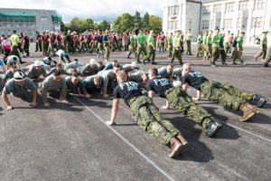 First-year cadets of the Royal Military College of Canada run the annual obstacle course on 23 September 2016. The event marks the completion on the First Year Orientation Period and acceptance into the Cadet Wing as full-fledged cadets.