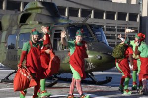 The elves of 400 Squadron arrive at Sick Kids Hospital in Toronto. PHOTO: © Steve Bigg, Locked On Photography