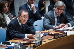Secretary-General Ban Ki-moon (left) addresses the Security Council on the situation in Syria. UN Photo/Amanda Voisard 