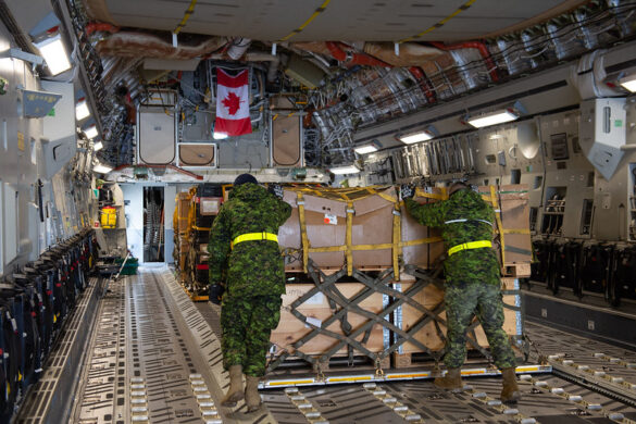 Members of the Canadian Armed Forces load non-lethal military equipment on to a CC-177 Globemaster aircraft at Canadian Forces Base, 8 Wing Trenton on February 3, 2022, which will be provided to the Ukrainian Security Forces in order to help them defend against threats.