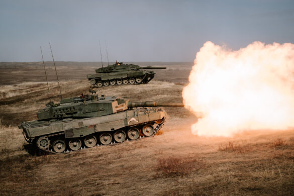 Canadian Armed Forces Leopard 2 tanks of Lord Strathcona's Horse (Royal Canadians) provide fire support to members of 5 Canadian Mechanized Brigade Group on a level 5 range during Exercise REFLEXE RAPIDE, at 3rd Canadian Division Support Base Detachment Wainwright training area, April 23 2023.