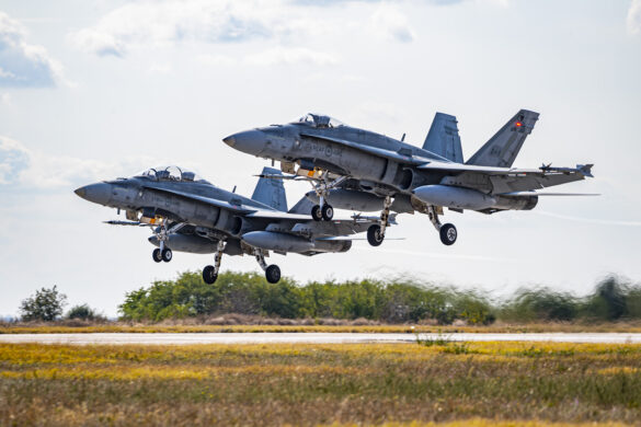 Two Royal Canadian Air Force CF-188 Hornets take-off from Mihail Kogalniceanu Air Base, Romania during Operation REASSURANCE - Air Task Force on September 28, 2021.