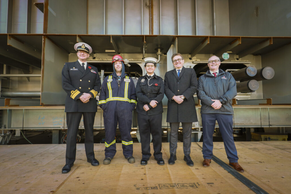 Keel laying ceremony for second Joint Support Ship (JSS), the future HMCS Preserver. Image source: https://www.seaspan.com/press-release/seaspan-shipyards-hosts-ceremonial-keel-laying-for-second-joint-support-ship-being-built-for-the-royal-canadian-navy/