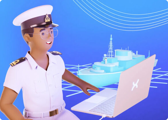 A computer generated Navy officer types on a laptop and there is a model ship in the background.