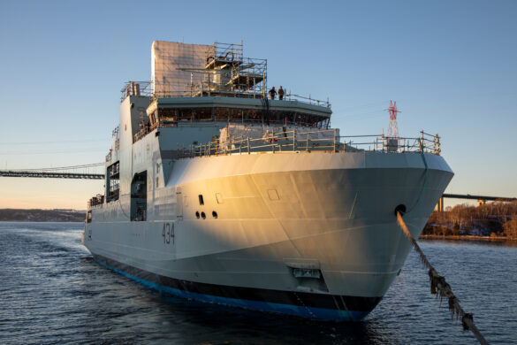 The Future HMCS Frédérick Rolette graces the pier side at Halifax Shipyard.