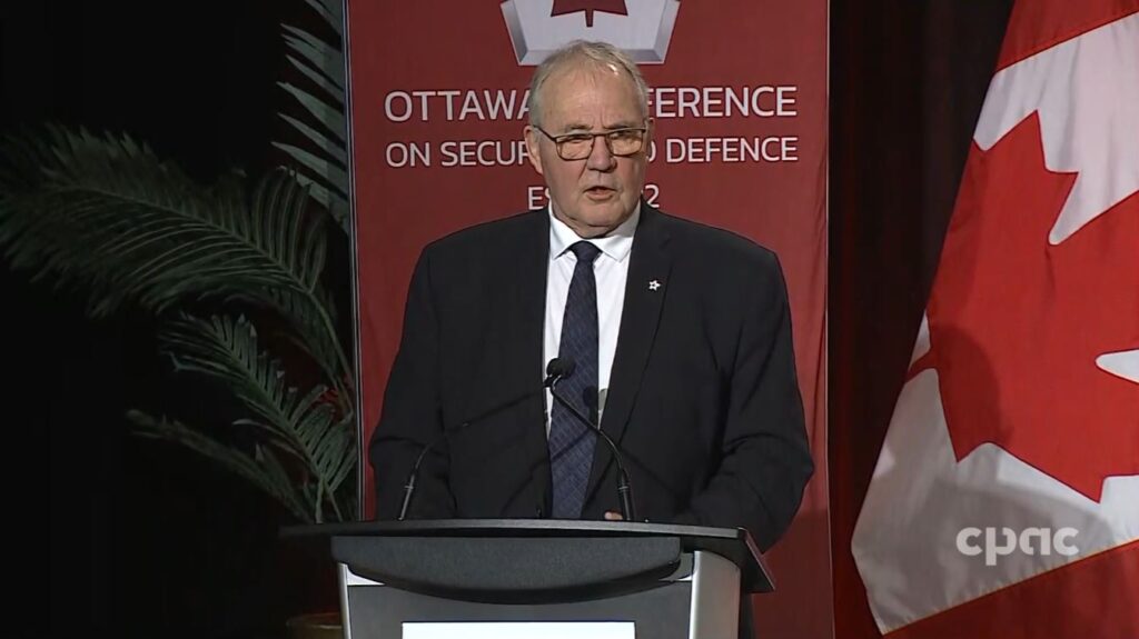 Minister Bill Blair at the 92nd annual Ottawa Conference on Security and Defence. Photo via: https://www.cpac.ca/public-record/episode/minister-bill-blair-on-defence-priorities-caf-recruitment--march-7-2024?id=138163be-4fe5-44bd-a851-07571f5e9e37