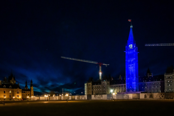 The Ottawa Peace Tower shines in blue on April 1, 2024, in recognition of the RCAF Centennial. The Peace Tower was among the 56 worldwide landmarks which counted towards the RCAF’s Guinness World Record for number of landmarks illuminated in 24 hours. The Ottawa Peace Tower shines in blue on April 1, 2024, in recognition of the RCAF Centennial. The Peace Tower was among the 56 worldwide landmarks which counted towards the RCAF’s Guinness World Record for number of landmarks illuminated in 24 hours.