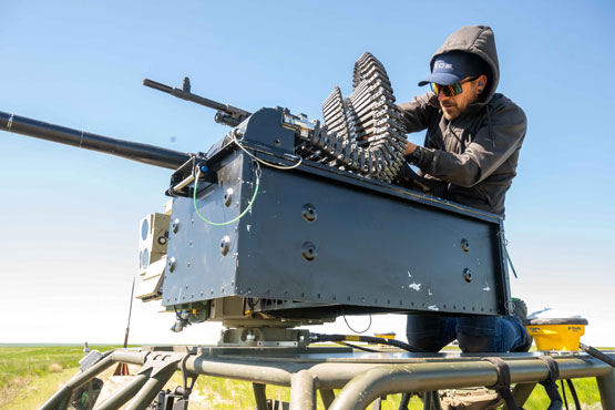At the Sandbox, innovators tested layered solutions that combined sensor technology to detect and track drones, and physically defeat drones, like this gun-based system from Leonardo Canada with Australia’s EOS Defence.