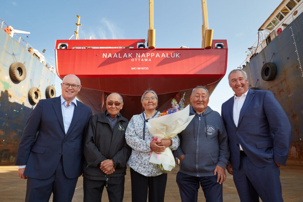 The CCGS Naalak Nappaaluk unveiled by Seaspan Shipyards. Image source: https://www.seaspan.com/press-release/seaspan-launches-fourth-ship-under-the-nss-the-canadian-coast-guards-state-of-the-art-science-vessel/