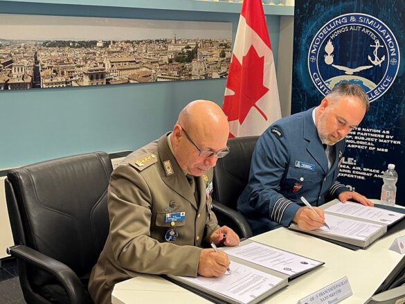 From left to right, Director NATO MSCOE Colonel Francesco Pacillo, outgoing Commanding Officer for the CJWC, Colonel Chris Horner sign the Cooperation Agreement in June 2024 in Rome at the NATO MSCOE.