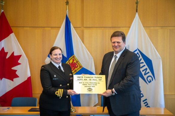 Commander Jolene Lisi and Dirk Lesko. Image source: https://shipsforcanada.ca/our-stories/the-future-hmcs-fr%C3%A9d%C3%A9rick-rolette-canadas-fifth-arctic-and-offshore-patrol-ship-is-delivered-to-the-royal-canadian-navy