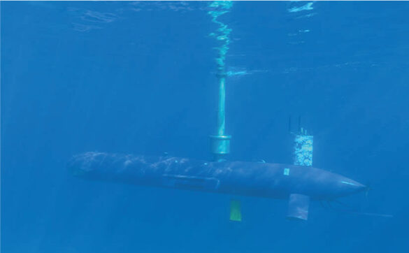 Autonomous submarine BlueWhale™ System ELI-3325 submerged in the ocean.