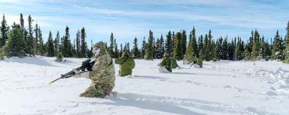 37 Canadian Brigade Group and Massachusetts Army National Guard members monitor a defensive position during Exercise MAROON SOJOURN in Happy Valley-Goose Bay, Newfoundland and Labrador on February 21, 2024. Photo by: Corporal Antoine Brochu, Canadian Forces Combat Camera