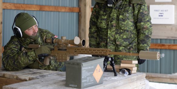 The Task Force Sergeant Major for Operation NANOOK-NUNALIVUT and Regimental Sergeant Major of The North Shore (New Brunswick) Regiment tests out the C21 sniper rifle on morning of February 20th at the Top of the World Range in Inuvik. Photo: Captain Jordan Mitchell Task Force PAO