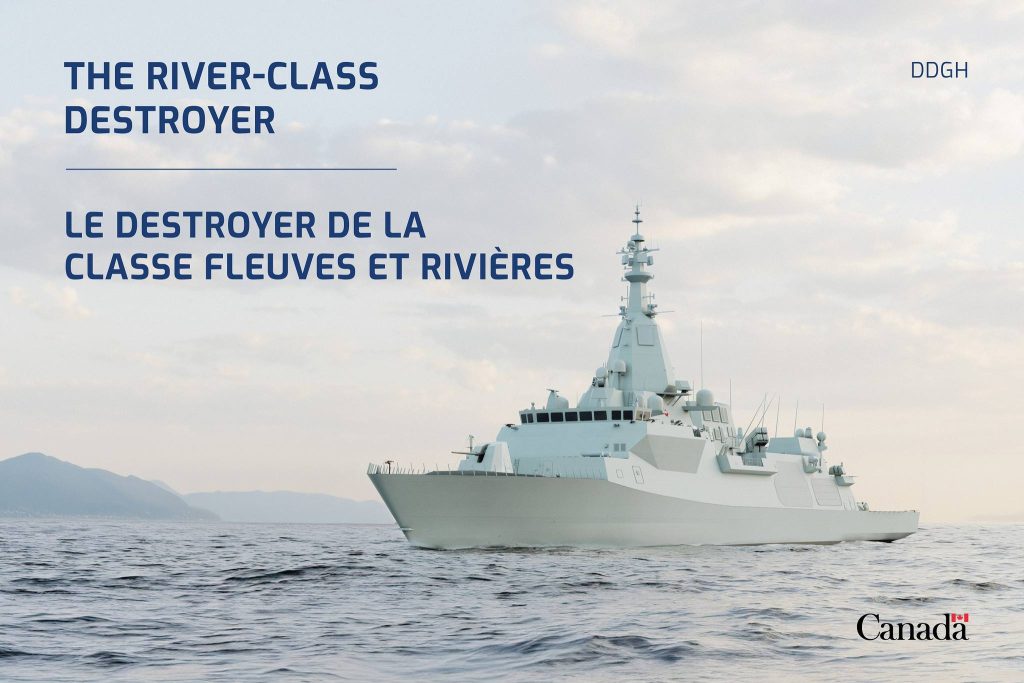 Rendering of a warship on water. Text on image: The River-class destroyer.