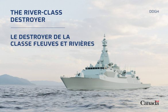 Rendering of a warship on water. Text on image: The River-class destroyer.