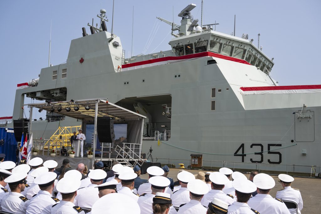 Distinguished guests gather at Halifax Shipyard, including Vice-Admiral Angus Topshee, Lieutenant-General Jaime Speiser-Blanchet, and Ministers David McGuinty and Joël Lightbound.