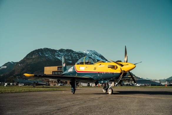 The first RCAF CT-157 Siskin II (Pilatus PC-21) aircraft is seen at the Pilatus facility in Stans, Switzerland following a successful first production test flight on February 26, 2026. Photo: SkyAlyne