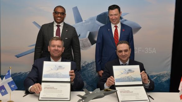 MAS and Lockheed Martin have announced a new partnership to establish an F-35 Air Vehicle Depot in Quebec, signed by MAS General Manager Ugo Paniconi and F-35 Customer Programs Vice President Marshall Shepard. Also pictured are ISR President Jason Lambert and F-35 Lightning II Program Vice President and General Manager Chauncey McIntosh. Image source: https://www.f35.com/f35/news-and-features/MAS_and_Lockheed_Martin_Announce_F-35_Sustainment_Partnership_in_Quebec.html