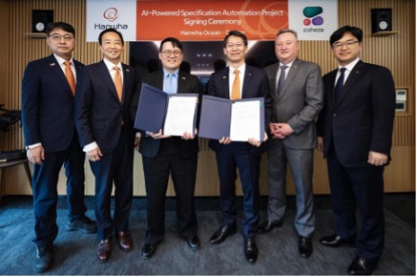 Third from the left: Ivan Zhang, Co-Founder, Cohere; Third from right, Steve SK Jeong, SEVP, Hanwha Ocean; second from right, Glenn Copleand, CEO, Hanwha Defence Canada.